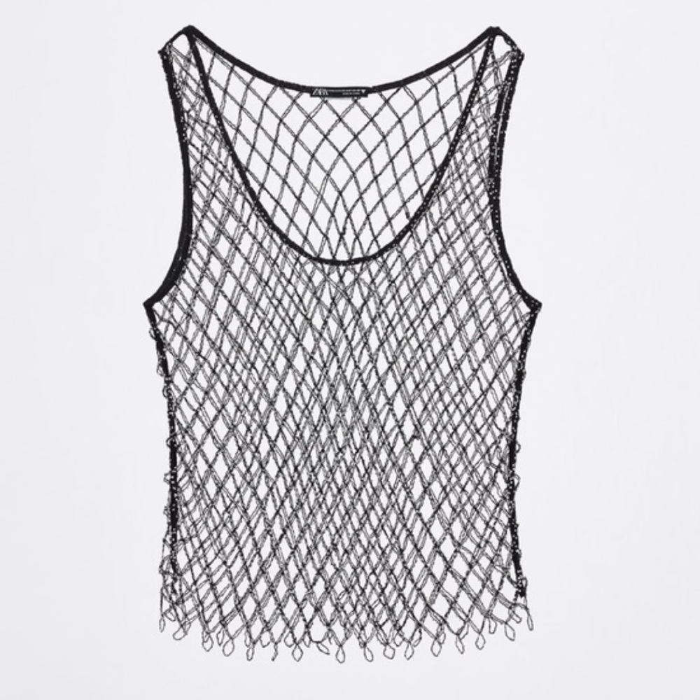 NWT Zara Woman Rhinestone Beaded Mesh Top Bloggers Fav Size M-L